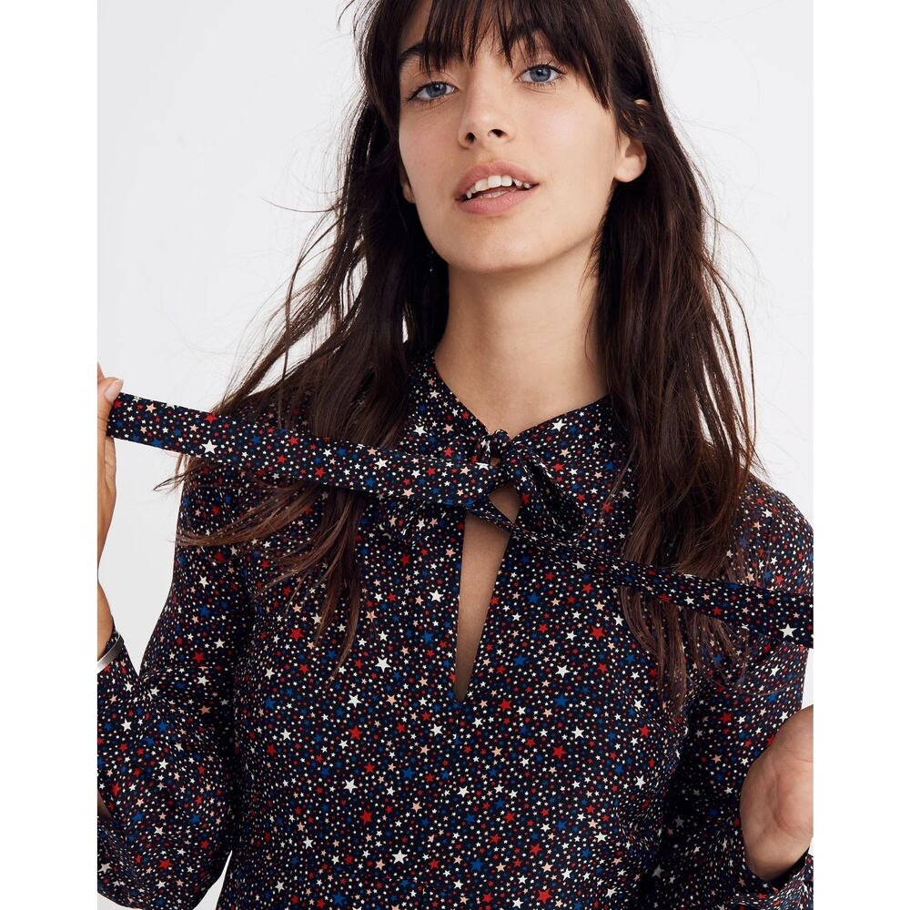 Madewell Balsam Tie Neck Silk Dress 0 Starry Night Mini Long Sleeve XS - Picture 3 of 11